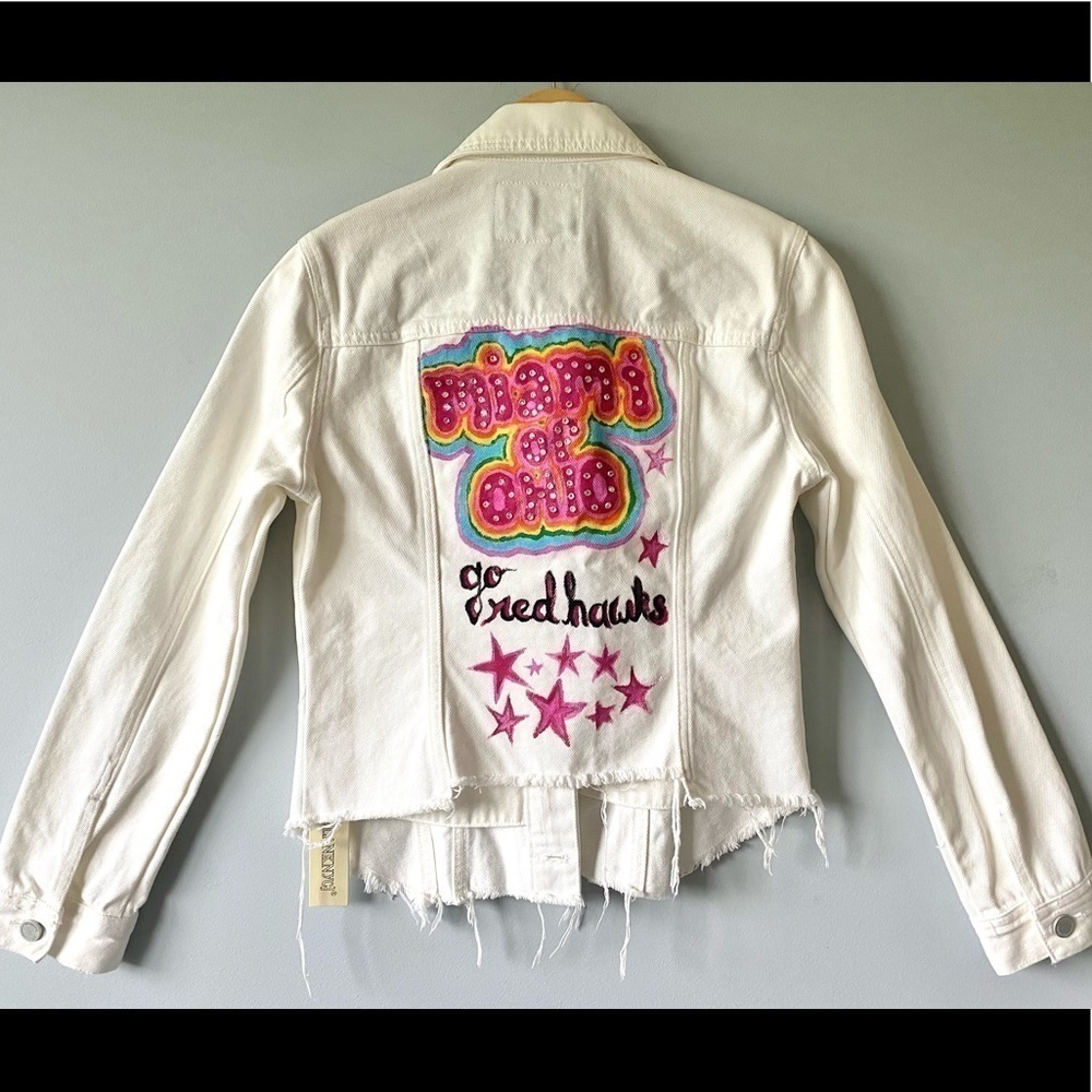 🆕 BLANKNYC White High Low Raw hem Denim Jacket Size XS